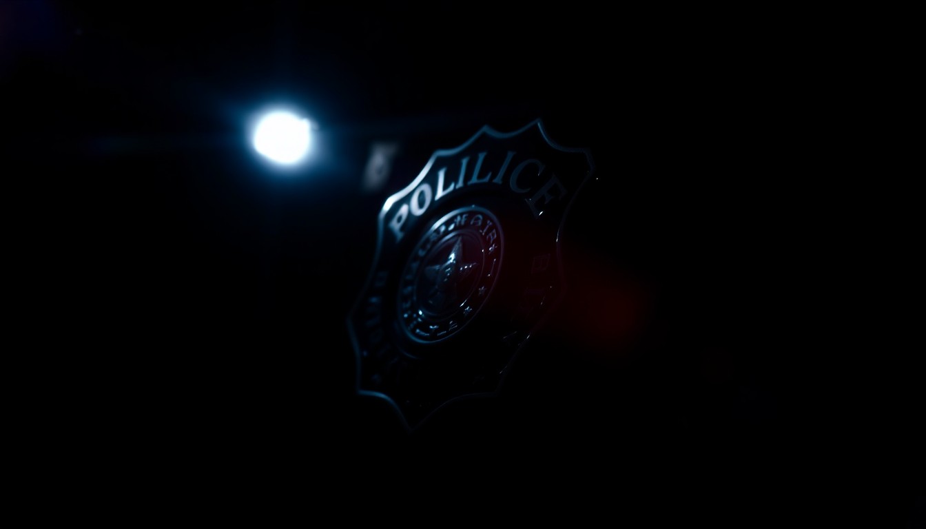 An extreme close-up photograph of a police badge reflecting a harsh, direct camera flash, conveying a stark, gritty, investigative aesthetic.