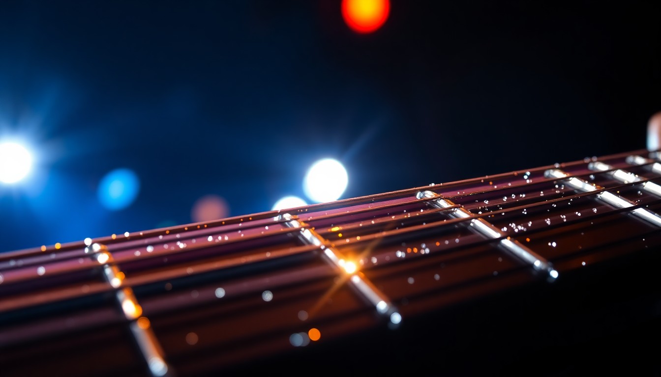 An extreme close-up photograph of shimmering, metallic guitar strings reflecting bright stage lights, conveying the glamorous energy of a Texas country music performance.