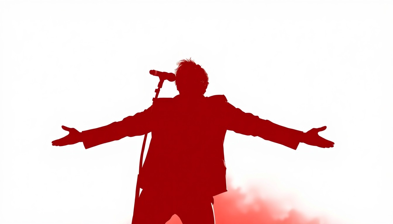 A striking black silhouette of a singer with arms raised, set against a bold red and white background, conveying the energy and artistry of Ruthie Foster's music.