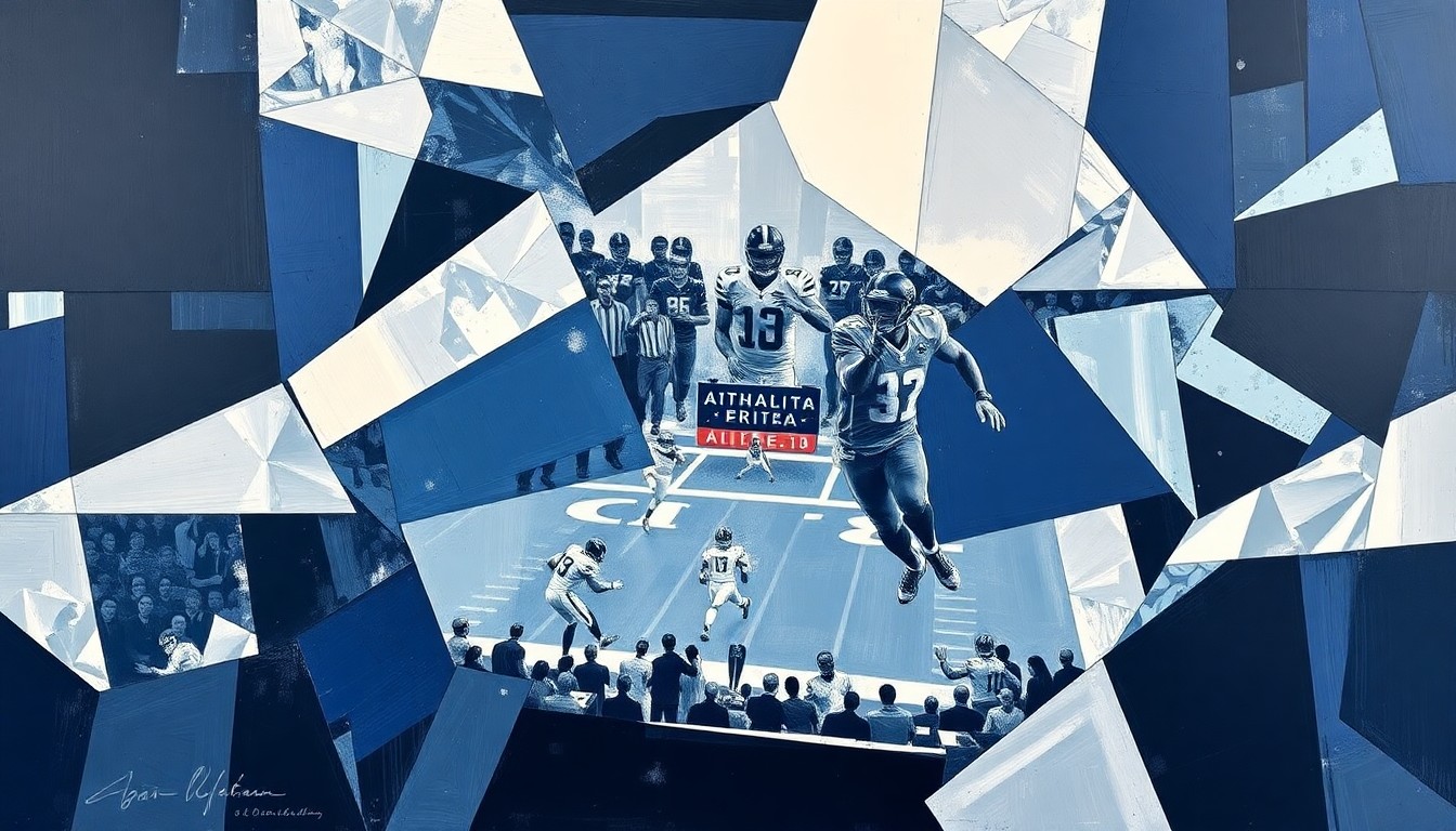 A cubist, geometric painting depicting fragmented, overlapping shapes in navy, silver, and white, conceptually representing the evaluation of local football prospects by the Dallas Cowboys organization.