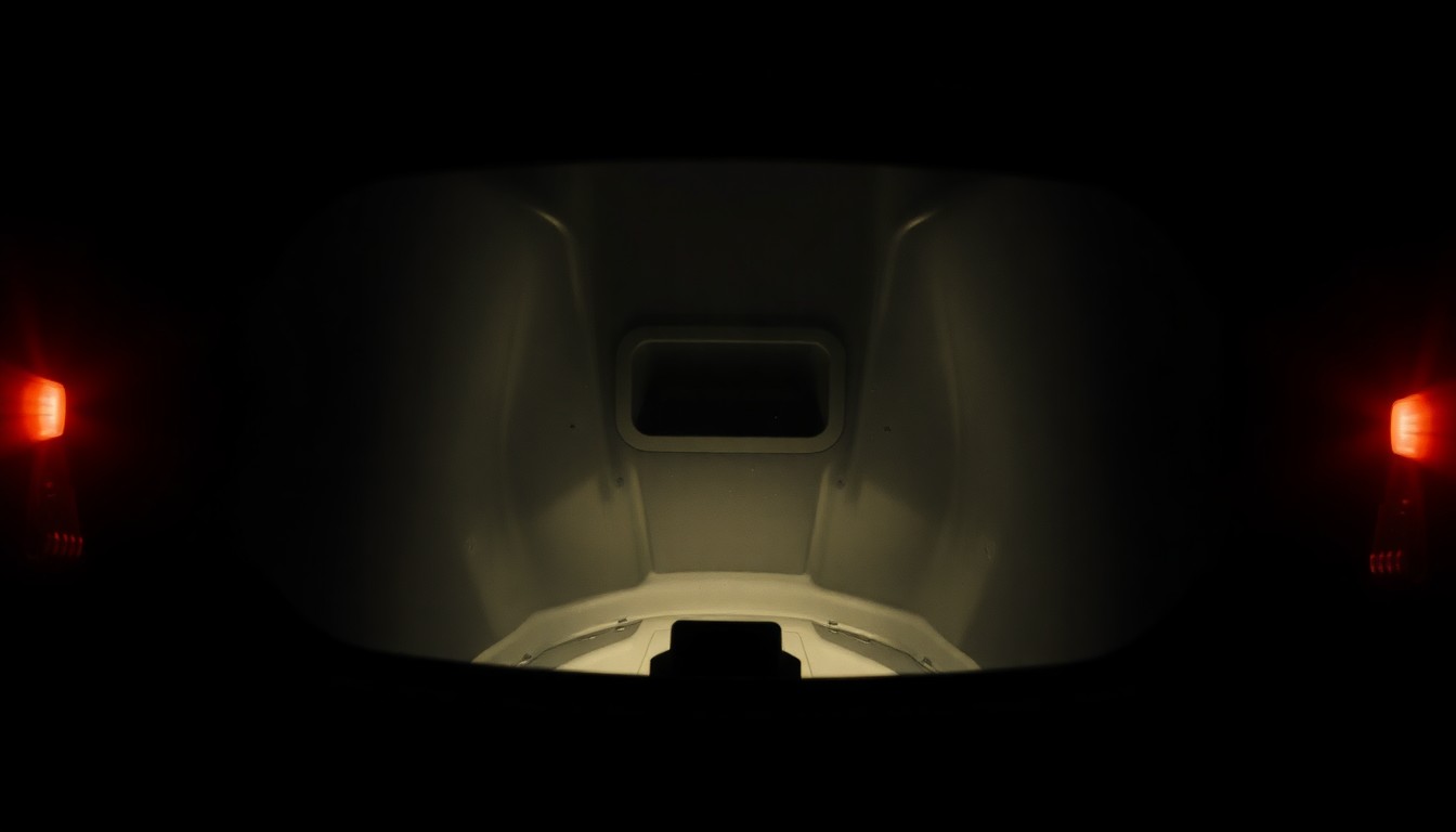 An extreme close-up photograph of a car's empty gas tank, lit by a harsh, direct camera flash against a pitch-black background, conveying a sense of isolation and vulnerability.