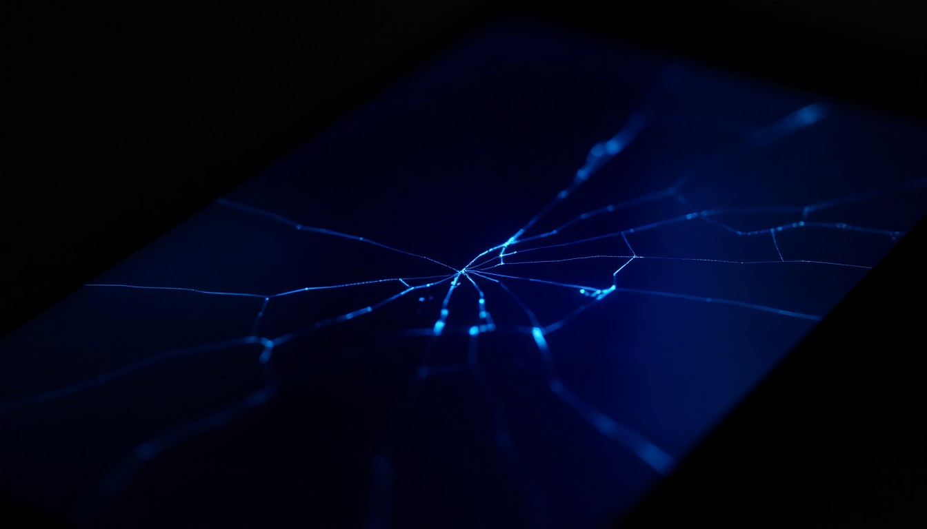 An extreme close-up of a cracked smartphone screen reflecting a faint blue light, conceptually representing the digital evidence in a child pornography case.