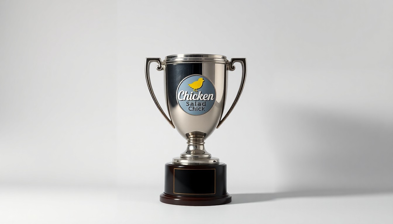A photorealistic studio still-life image of a polished metal trophy with the Chicken Salad Chick logo, placed on a clean, monochromatic background and dramatically lit to symbolize the prestigious awards received by the franchise group.