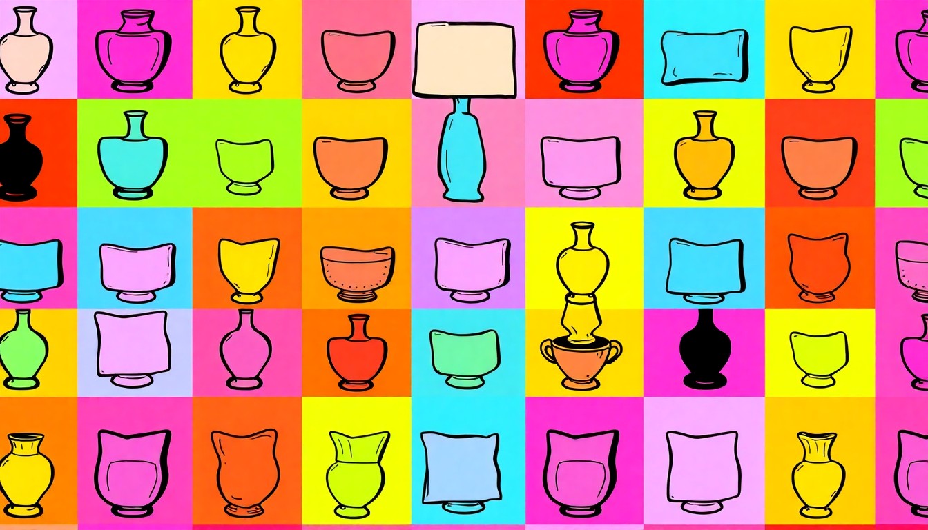 A vibrant, high-contrast silkscreen print featuring a repeated image of a decorative vase in shades of bright blue, pink, and yellow, conceptually representing the variety of chic and budget-friendly home accents available at HomeGoods.