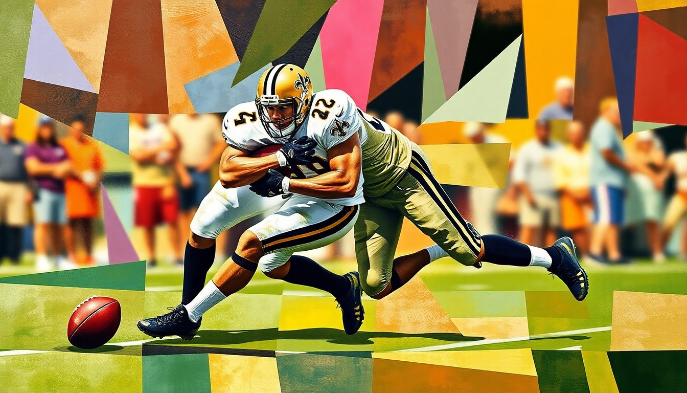A fragmented, geometric painting depicting a Saints defensive player making a tackle, with sharp planes of color and form capturing the raw energy of the play.