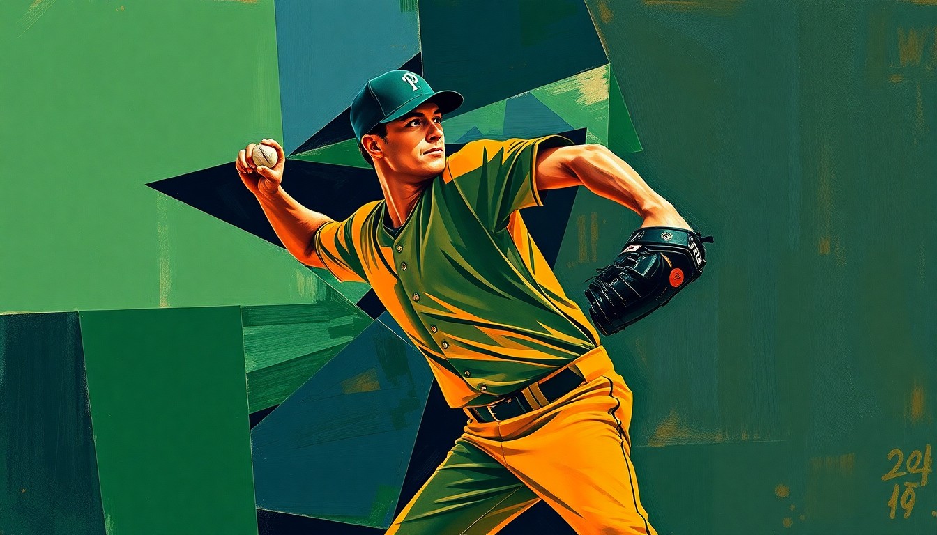 A fragmented, geometric painting depicting a baseball pitcher's throwing motion, with sharp planes of navy, green, and orange overlapping to create a dynamic, abstract representation of the sport.