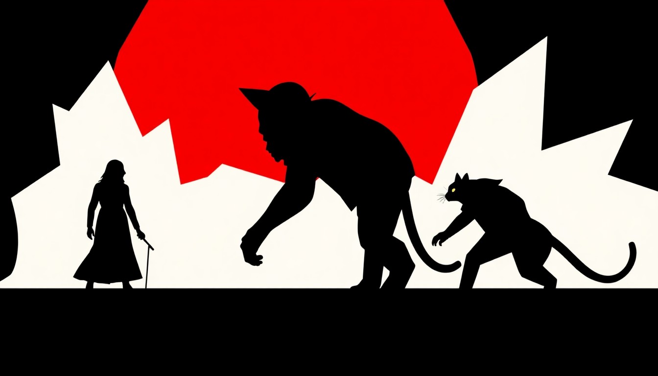 An abstract, minimalist composition featuring stark, jagged geometric shapes and heavy black silhouettes, conceptually representing the chilling dynamic between a serial killer and his victims.