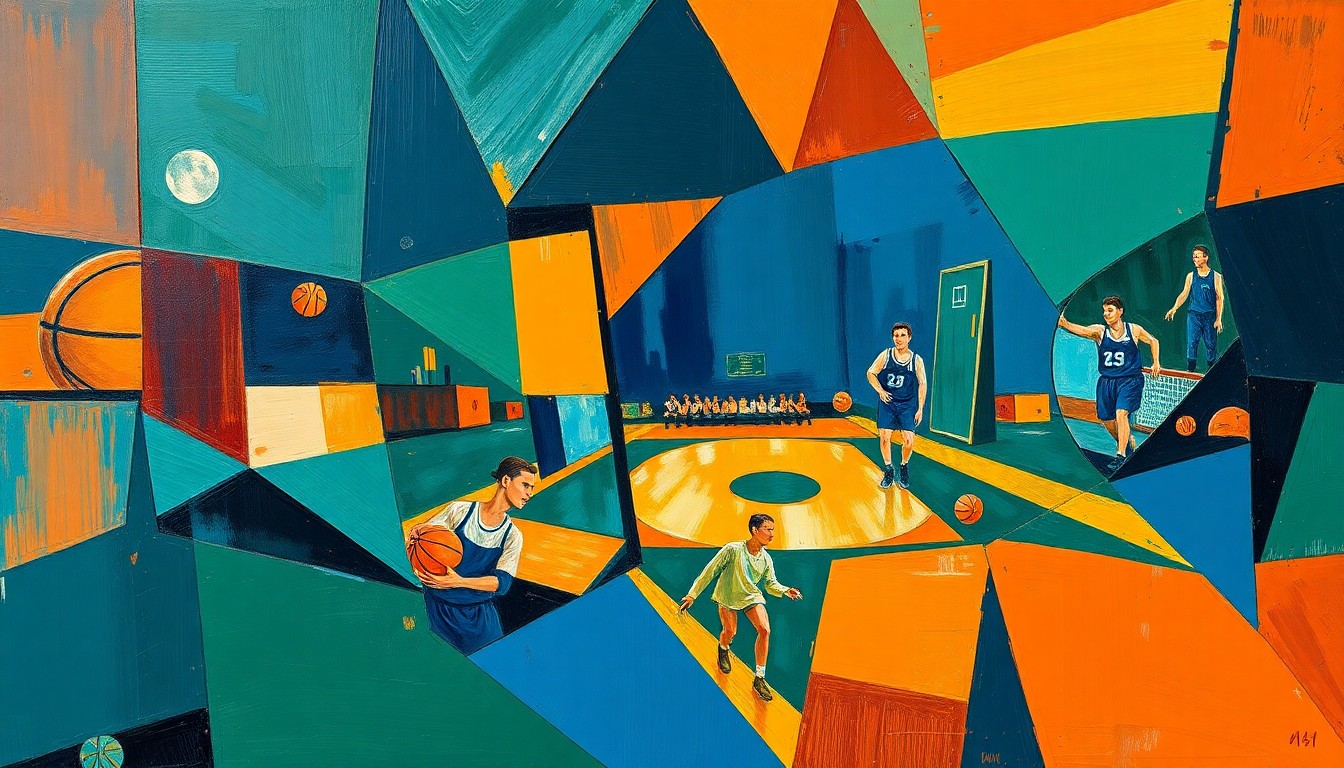 A cubist, geometric painting depicting fragmented basketball players and a ball, rendered in shades of blue, green, and orange, conceptually representing the complex roster decisions facing the Nuggets.