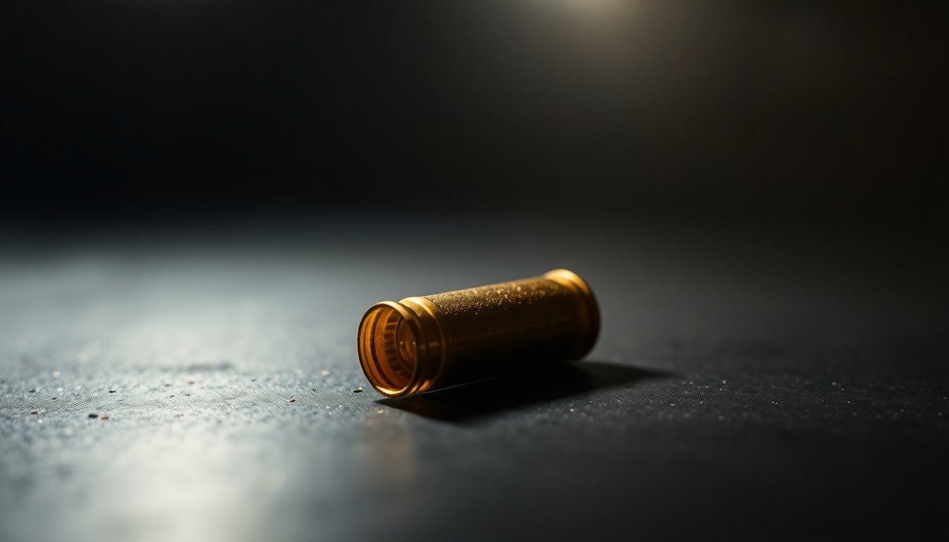 An extreme close-up photograph of a single spent shell casing on a dark surface, lit by a harsh, direct camera flash, conceptually representing the evidence left behind from a violent crime.
