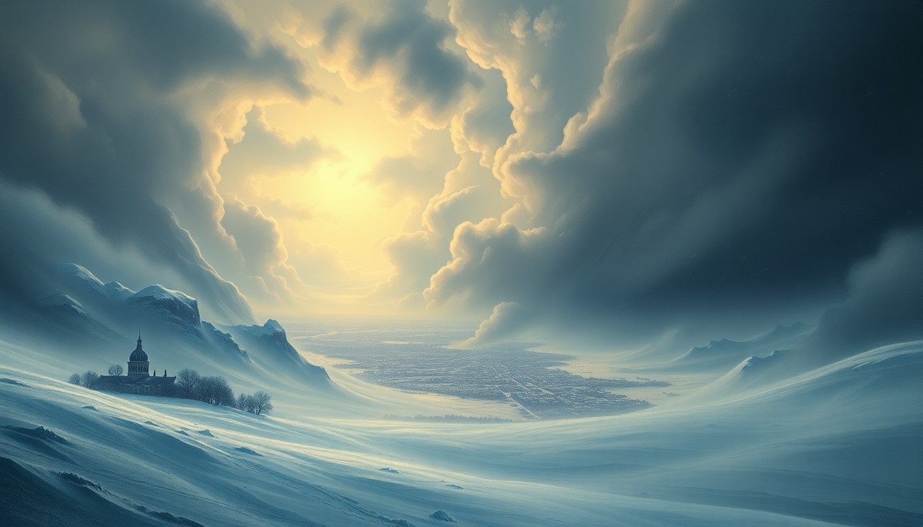 A vast, atmospheric landscape painting depicting a heavy snowstorm overwhelming the city of Fargo, with the urban structures dwarfed by the sweeping, dramatic forces of nature.