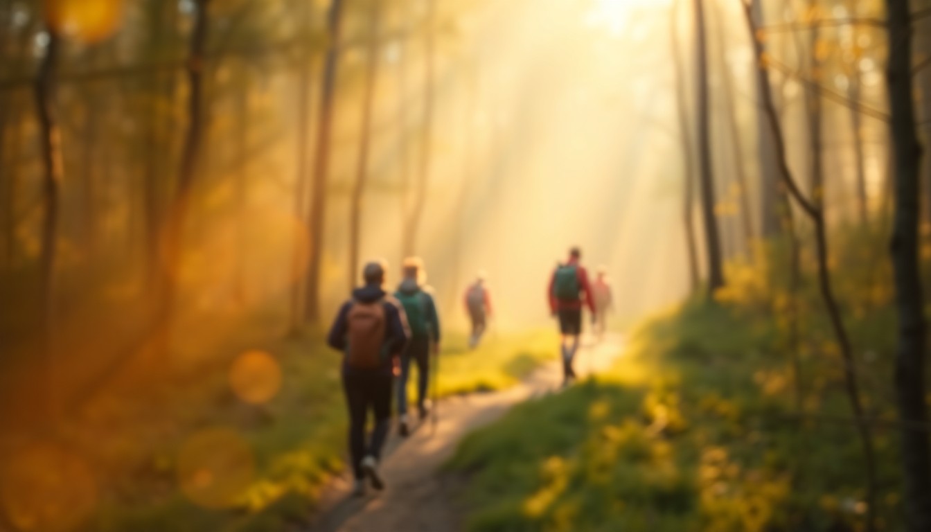 An abstract, impressionistic photograph of hikers on a wooded trail, with soft, warm colors and a dreamlike, out-of-focus quality, conveying the atmospheric mood of a community event celebrating outdoor recreation.
