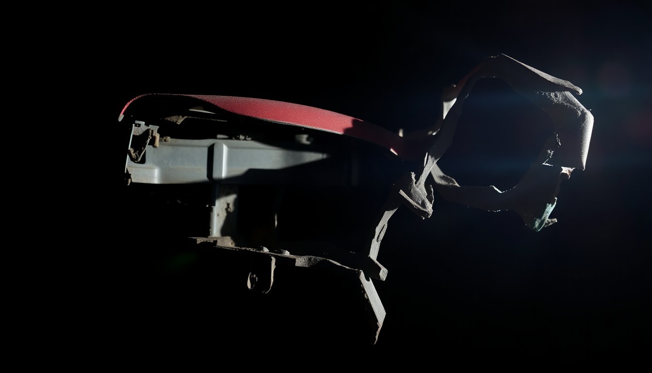 An extreme close-up photograph of a crushed car part, such as a twisted metal frame or shattered glass, lit by a harsh, direct camera flash against a pitch-black background, conceptually illustrating the severe damage caused by the semi-truck collision.