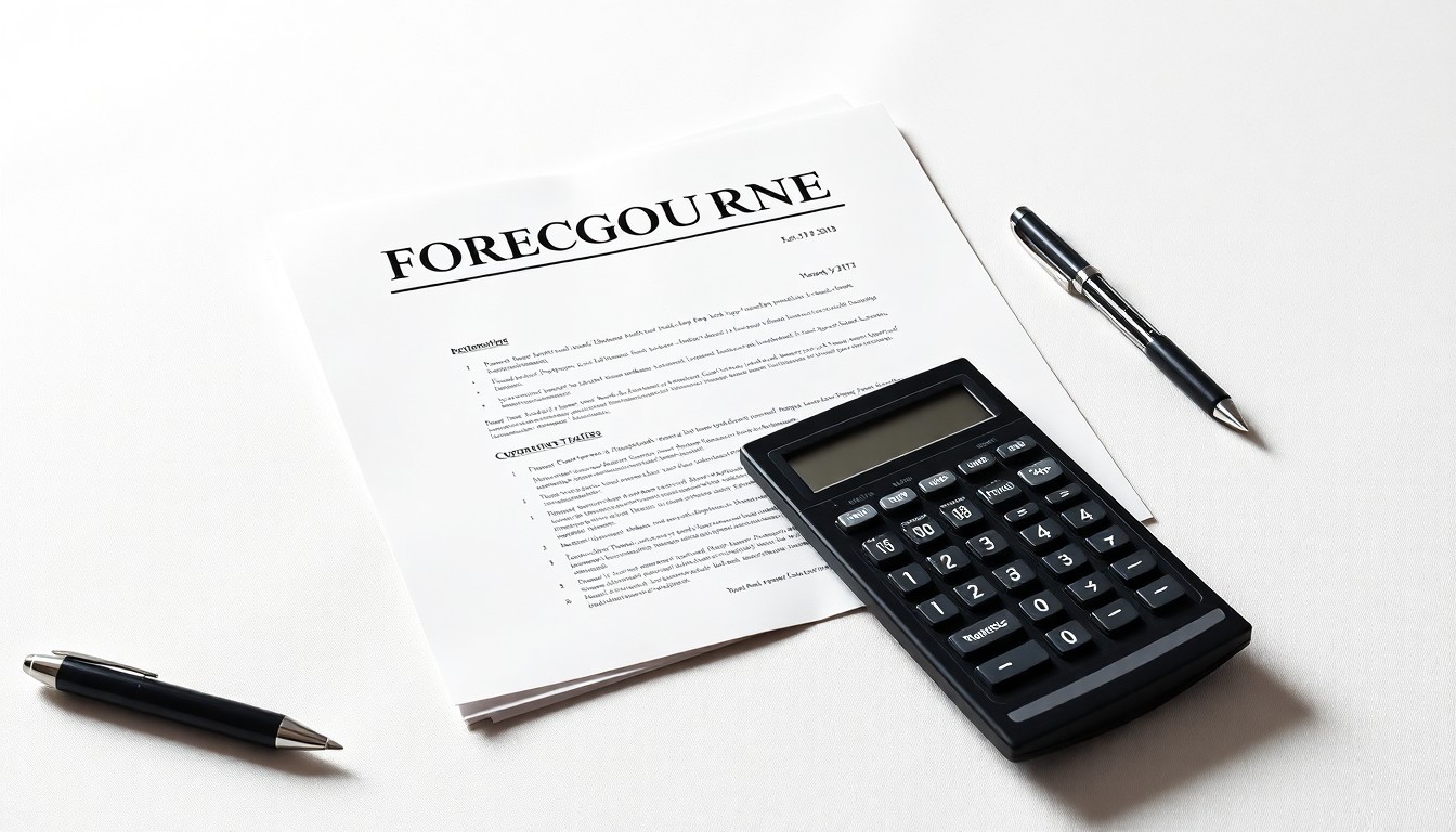 A photorealistic studio still life featuring a stack of foreclosure documents, a calculator, and a pen arranged elegantly on a clean white background, conceptually representing the financial risks and corporate strategy behind the Walgreens property foreclosure.