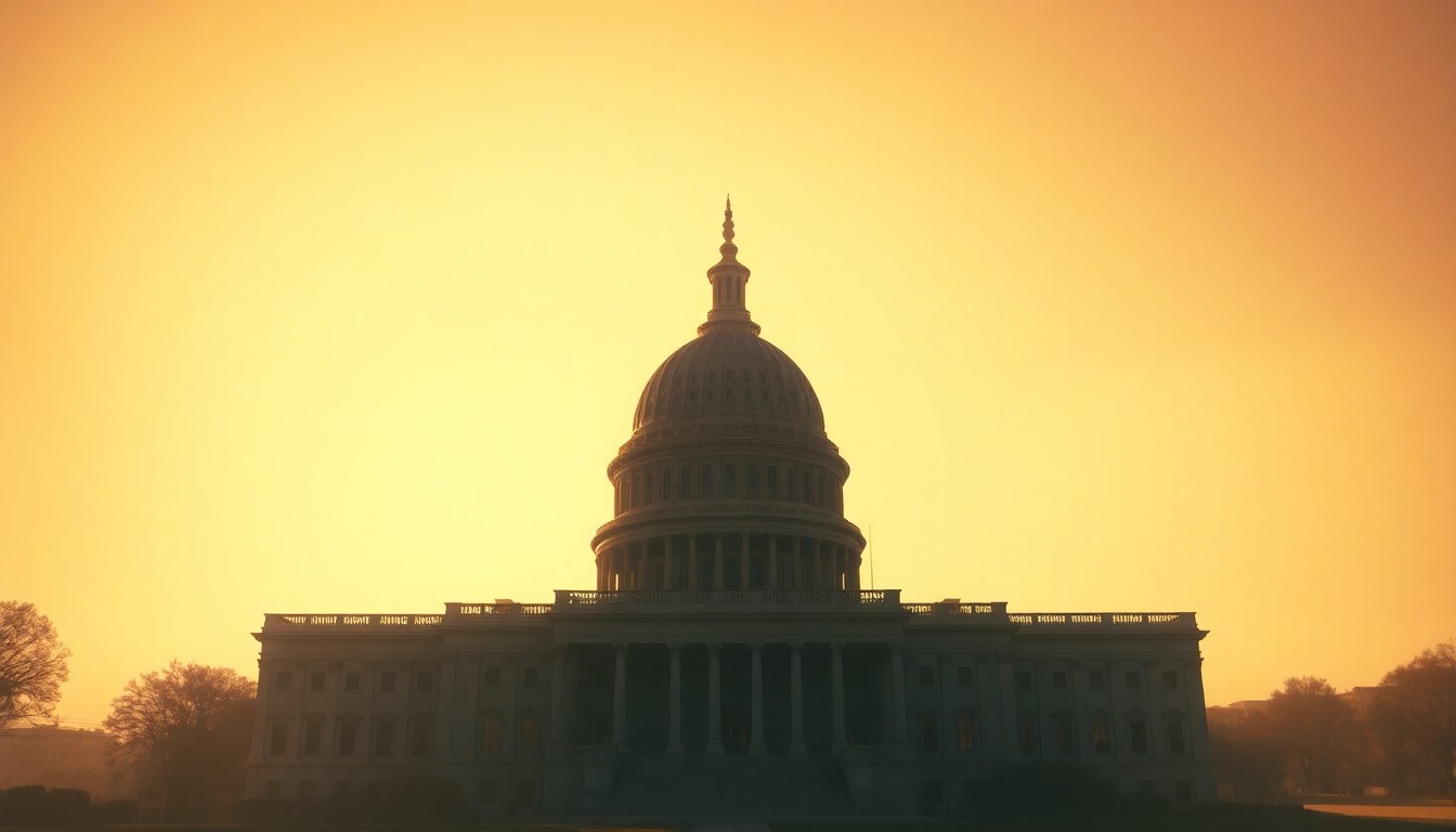 A serene, cinematic painting of the U.S. Capitol building in warm, golden light, conveying the political tensions surrounding the federal budget proposal.