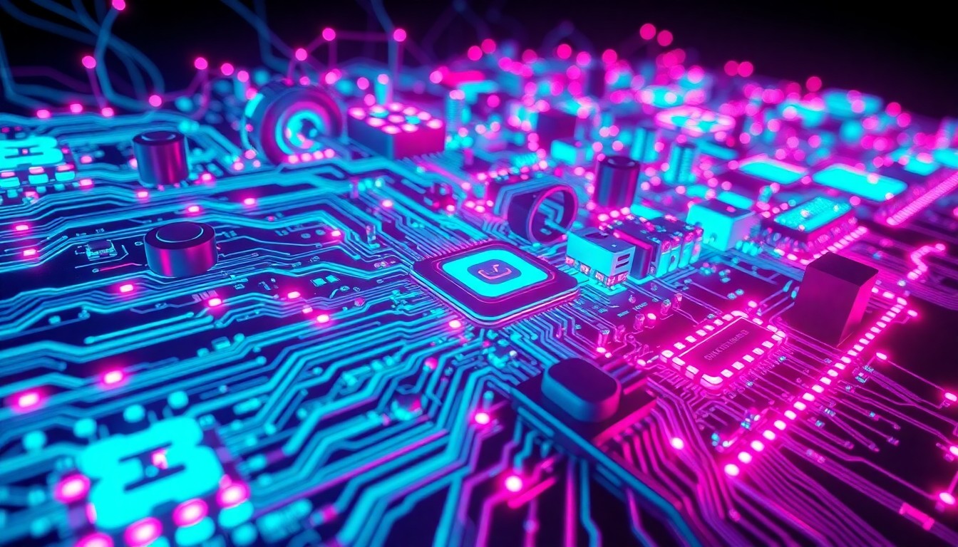 A highly detailed, glowing 3D macro illustration of a futuristic AI neural network, with intricate, illuminated circuitry and hardware components in shades of neon cyan and magenta, conceptually representing the advanced technology and power of Microsoft's new AI models.