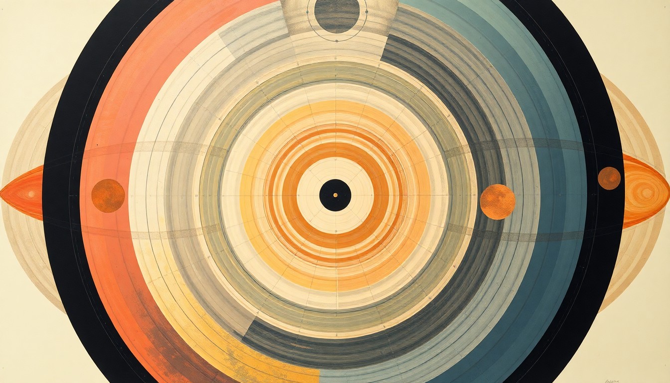 A highly structured abstract painting in soft blues, greens, and grays, featuring sweeping geometric arcs, concentric circles, and precise mechanical spirals, conceptually representing the complex interconnected systems that sustain life within a spacecraft.