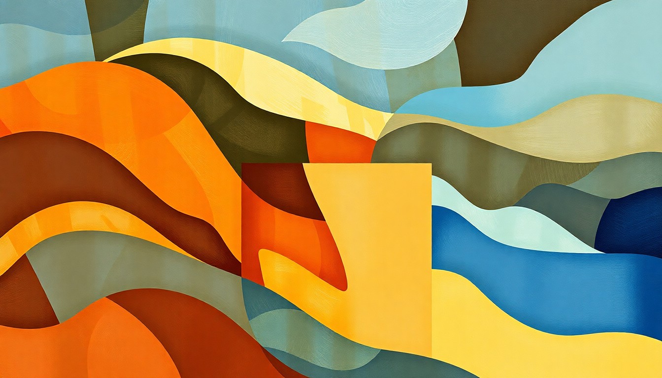 A fractured, abstract painting in warm earth tones and cool blues, depicting the shape of a ballot box or voting booth, conceptually representing the competitive and fast-paced nature of the California 48th Congressional District race.