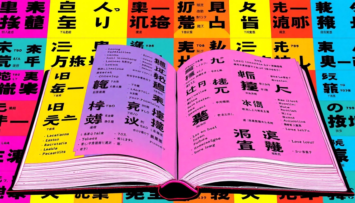 A grid of brightly colored, high-contrast silkscreen prints of an open book with pages in various languages, conceptually representing the development of multilingual literacy tools.