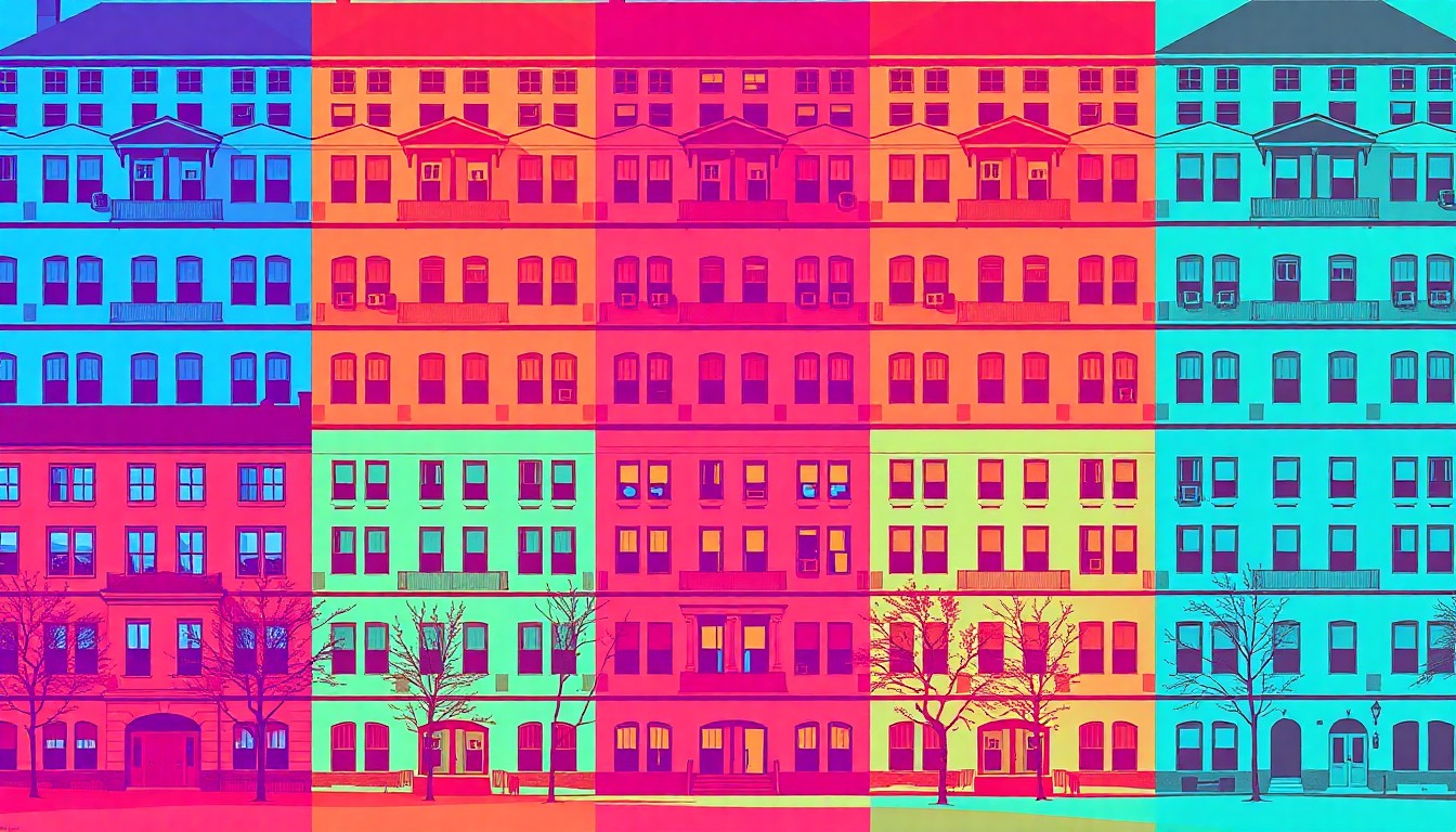 A vibrant, high-contrast silkscreen print of a university campus building, repeated in a grid pattern with bold, neon-like colors and heavy black outlines, conceptually representing the changes and uncertainty surrounding Boise State's leadership.