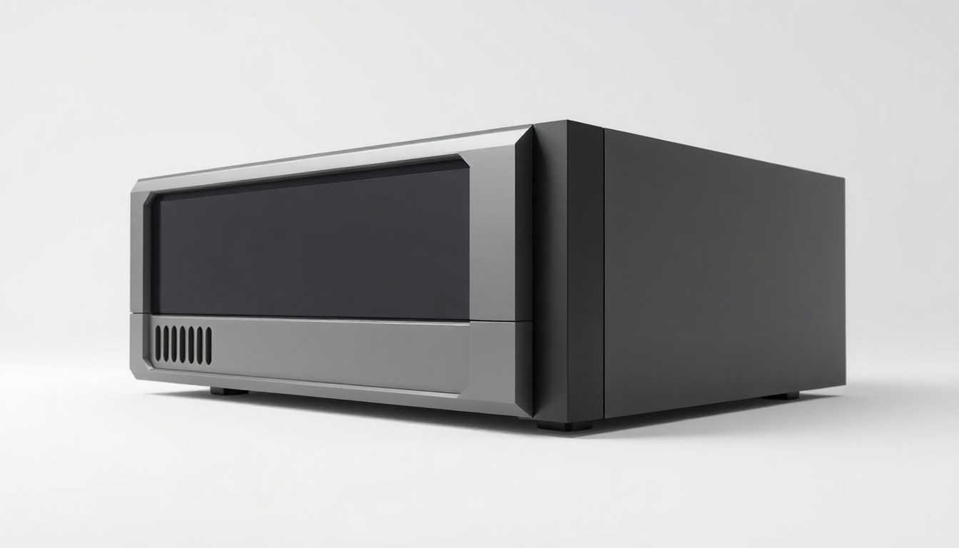 An extreme close-up of a minimalist, geometric enterprise server or network device rendered in sleek, industrial design with clean lines and subtle metallic accents, conceptually representing JETT Business Technology's reliable IT infrastructure solutions.