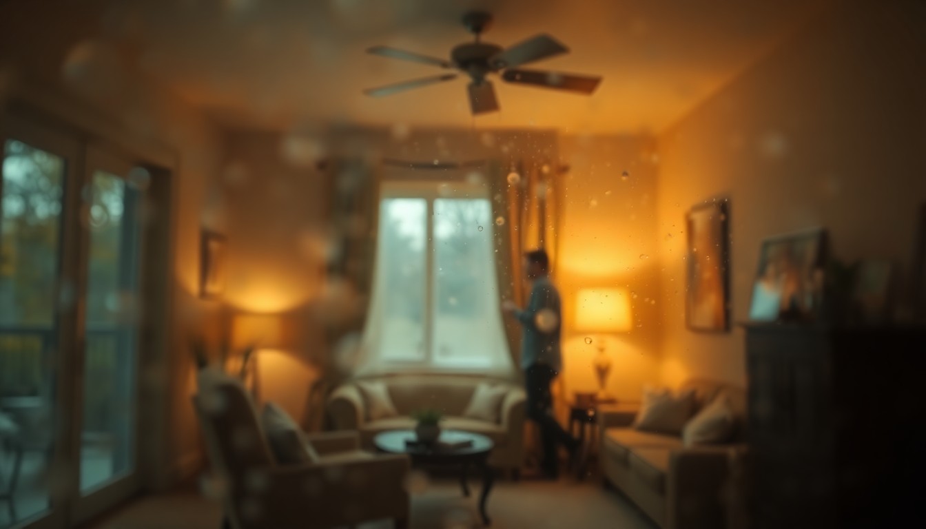 An abstract, impressionistic scene of a homeowner inspecting water damage in their living room, with the frame filled by soft, hazy washes of warm amber, peach, and sage green light, creating a dreamlike, atmospheric mood.