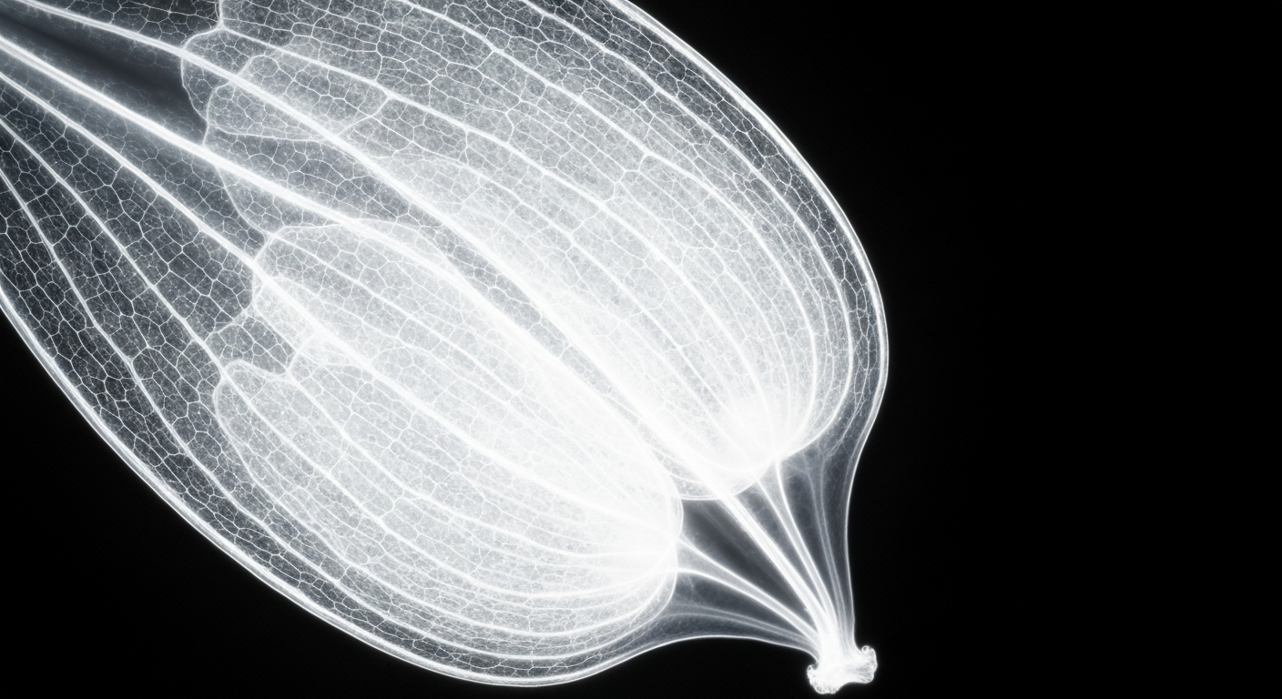 An extreme close-up X-ray photograph showing the delicate, ghostly internal structure of a psyllium husk seed pod.