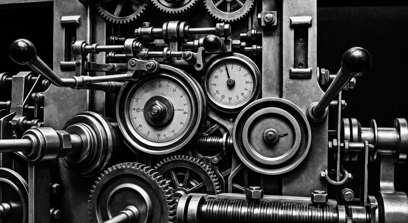 A high-contrast, black-and-white close-up of a complex financial mechanism, with gears, levers, and dials, representing the inner workings of the financial system and the integration of cryptocurrency trading into mainstream investment services.