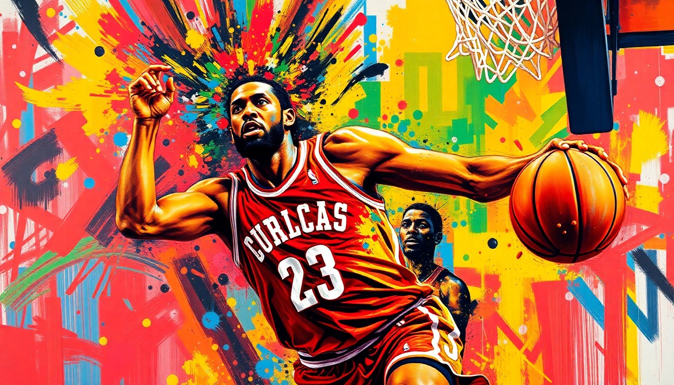 An abstract expressionist painting in neon colors depicting the explosive movement and energy of a basketball player driving to the hoop, their face and jersey blurred into vibrant brushstrokes.