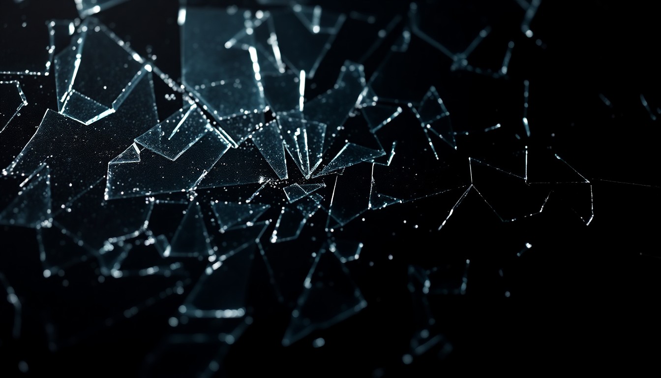 An extreme close-up of a shattered glass texture in dramatic, high-contrast studio lighting, conceptually representing the fragility and emotional turmoil surrounding Savannah Guthrie's personal tragedy.