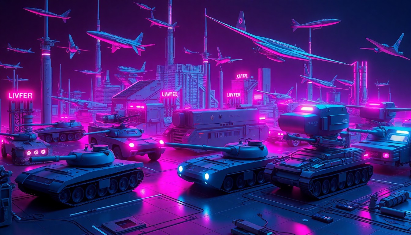 A highly detailed, glowing 3D illustration of military technology like missiles, tanks, and aircraft, illuminated by neon cyan and magenta lights, conceptually representing the U.S. defense capabilities and readiness.