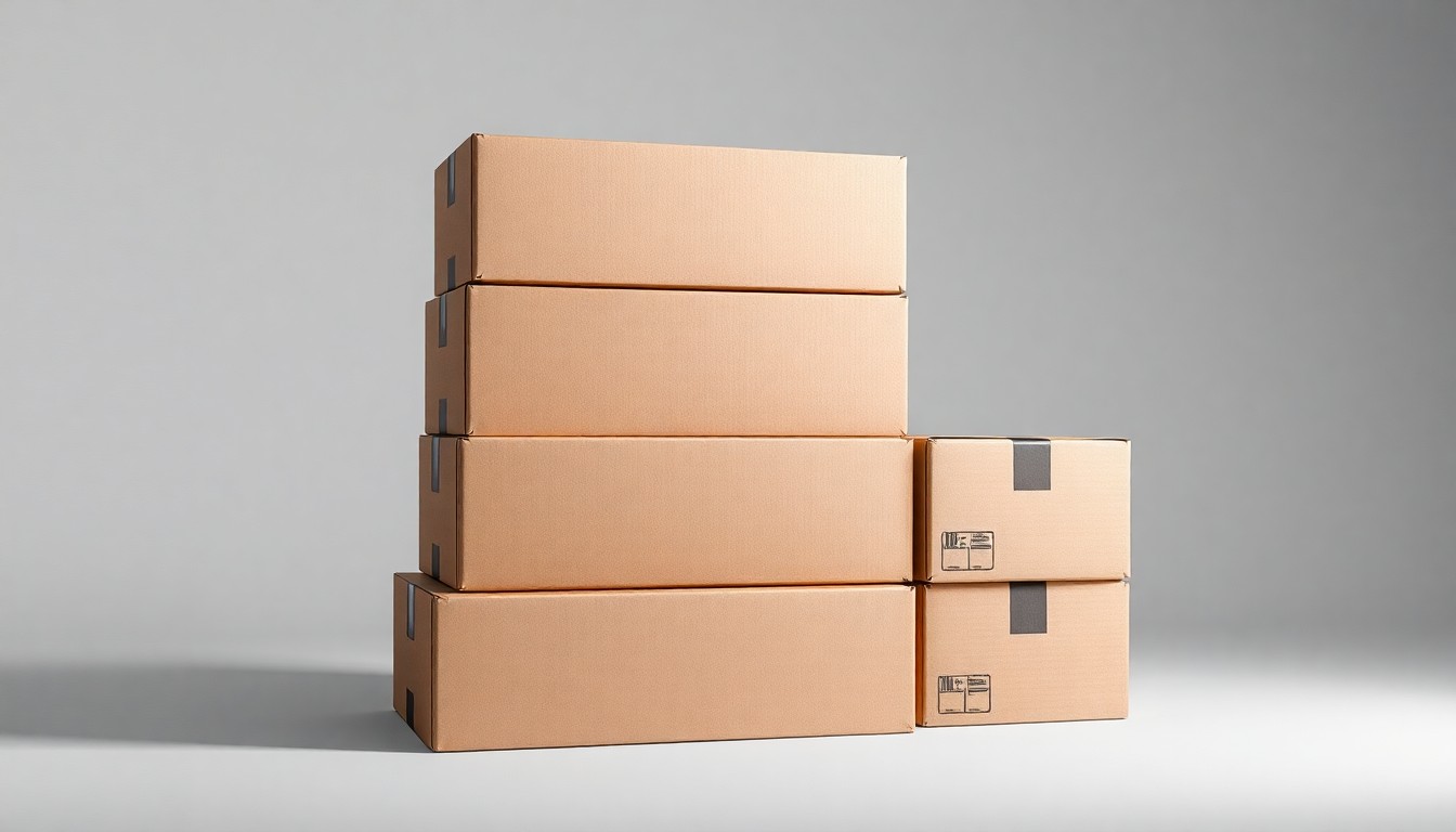 A minimalist, photorealistic studio still life featuring a neatly arranged stack of premium cardboard boxes, conceptually representing the logistics and fulfillment work of The Allied Group amidst the challenges of the industry.