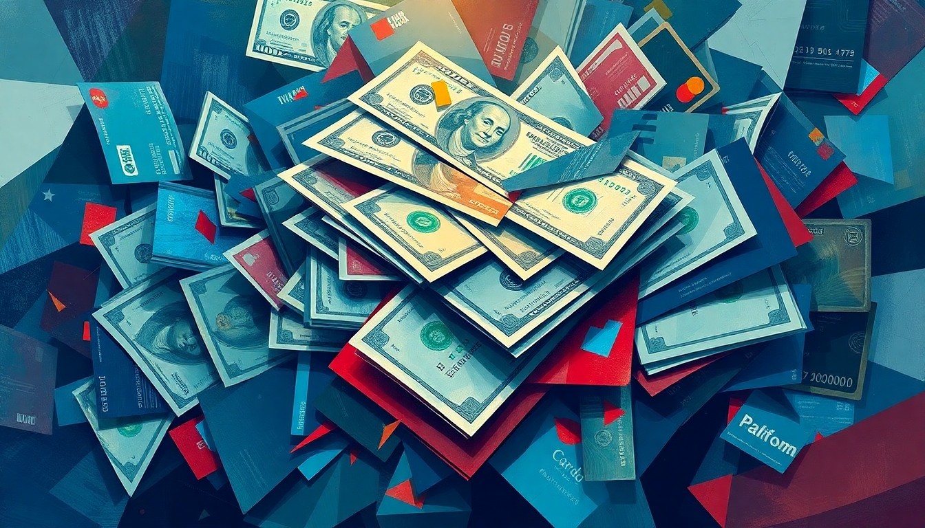 A vibrant, abstract painting composed of overlapping, fractured geometric shapes in shades of blue, red, and gold, conceptually representing the chaotic and high-stakes nature of political fundraising.