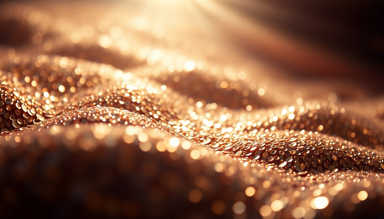 An extreme close-up photograph of shimmering, glittering sequins in dramatic, high-contrast studio lighting, evoking the glamour and opulence of old Hollywood.