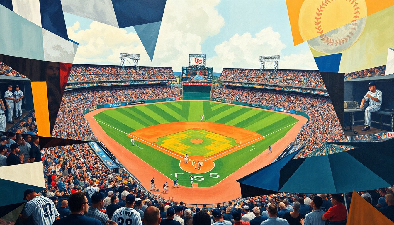 A cubist, geometric painting depicting a baseball game in abstract, overlapping shapes and planes of color, capturing the energy and intensity of the high-stakes matchup.