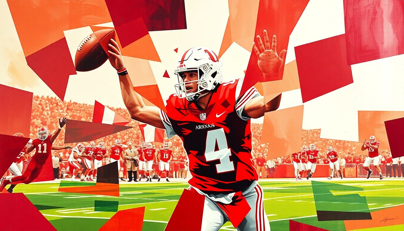 A fragmented, geometric painting depicting the dynamic movements of a high school quarterback, rendered in the bold red and white colors of the University of Arkansas.