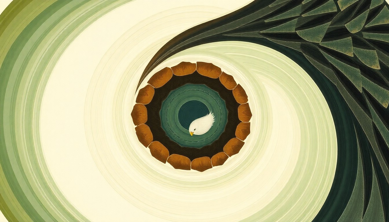 A highly textured, abstract painting in soft earth tones depicting the intricate biological forces at work during the hatching of a bald eagle egg, conveying the natural beauty and order of this avian life cycle.