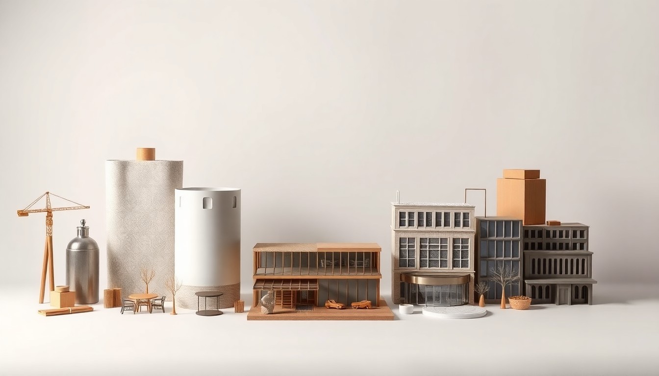 A high-end, photorealistic studio still-life photograph featuring a collection of polished, geometric objects arranged elegantly on a clean, monochromatic background, symbolizing the various elements of the Market District development in Xenia, Ohio.