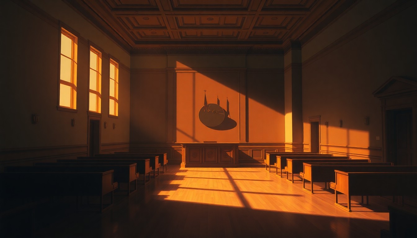 A dimly lit, cinematic painting of an empty courtroom with wooden benches and a judge's bench, bathed in warm, diagonal sunlight that casts deep shadows, conveying a sense of quiet contemplation and the weight of judicial responsibility.