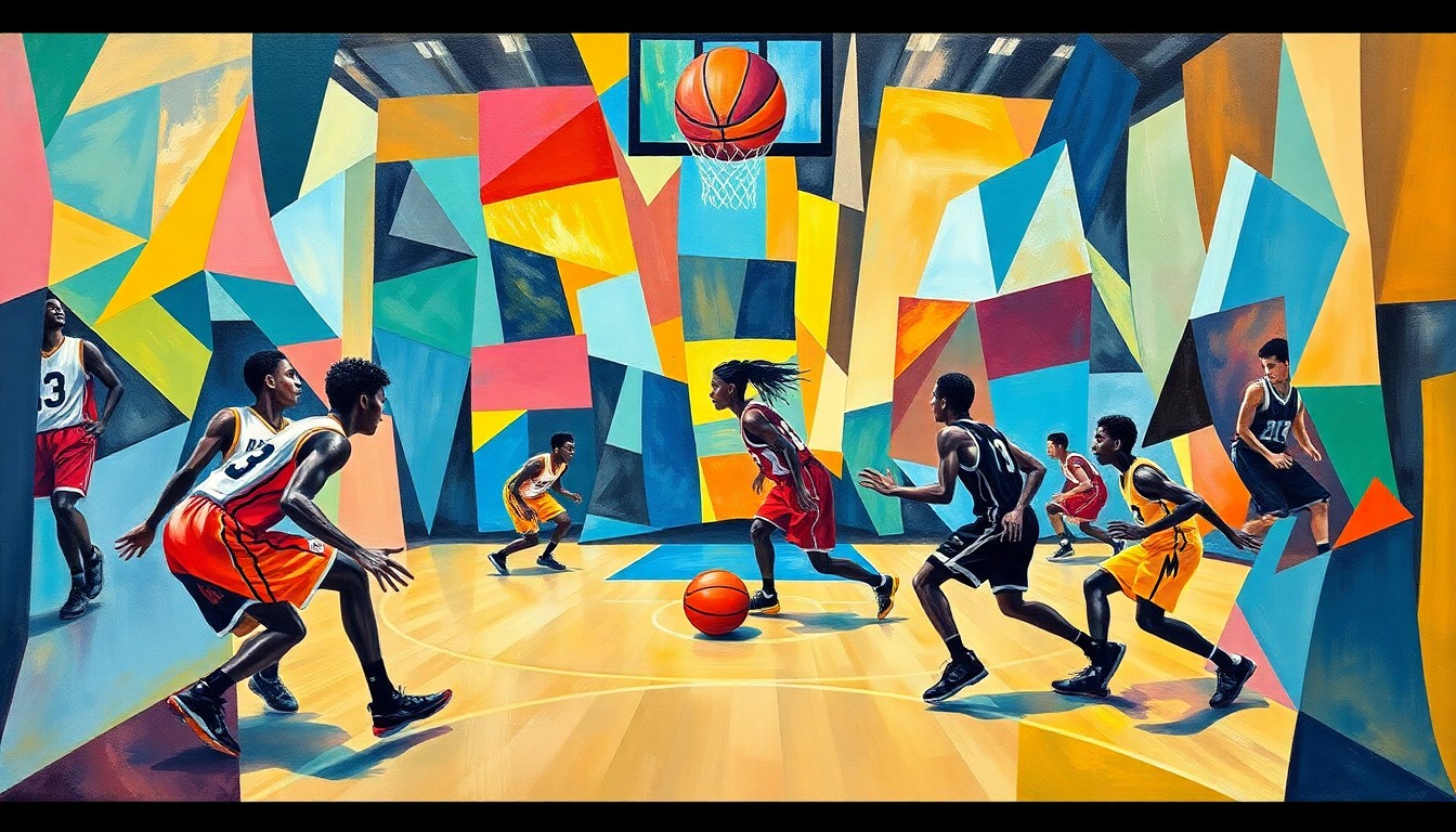 A cubist, geometric painting depicting the dynamic motion and energy of a high school basketball game, with the players' forms abstracted into angular, overlapping shapes in a vibrant color palette.