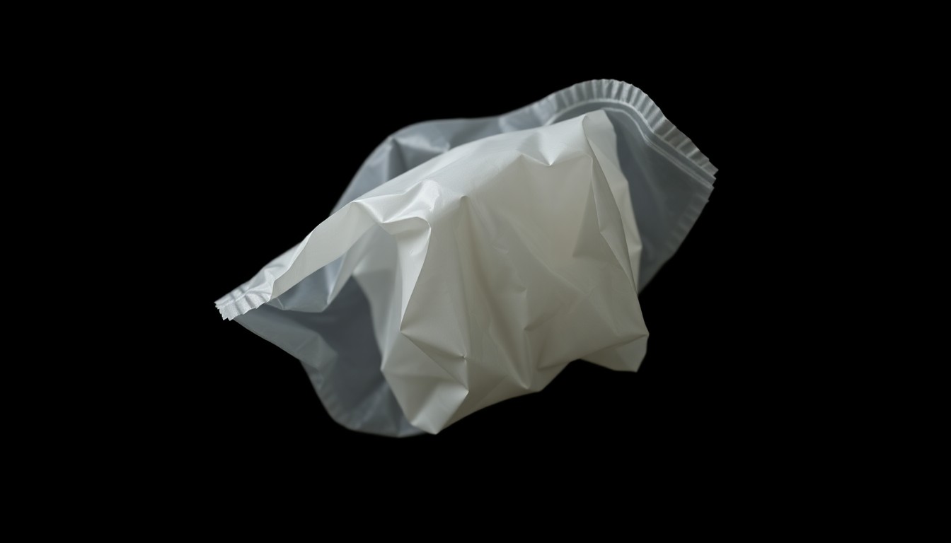 An extreme close-up of a crumpled condom wrapper against a pitch-black background, creating a stark, investigative aesthetic that conceptually represents the violation and trauma of a sexual assault case involving a mentally disabled victim.
