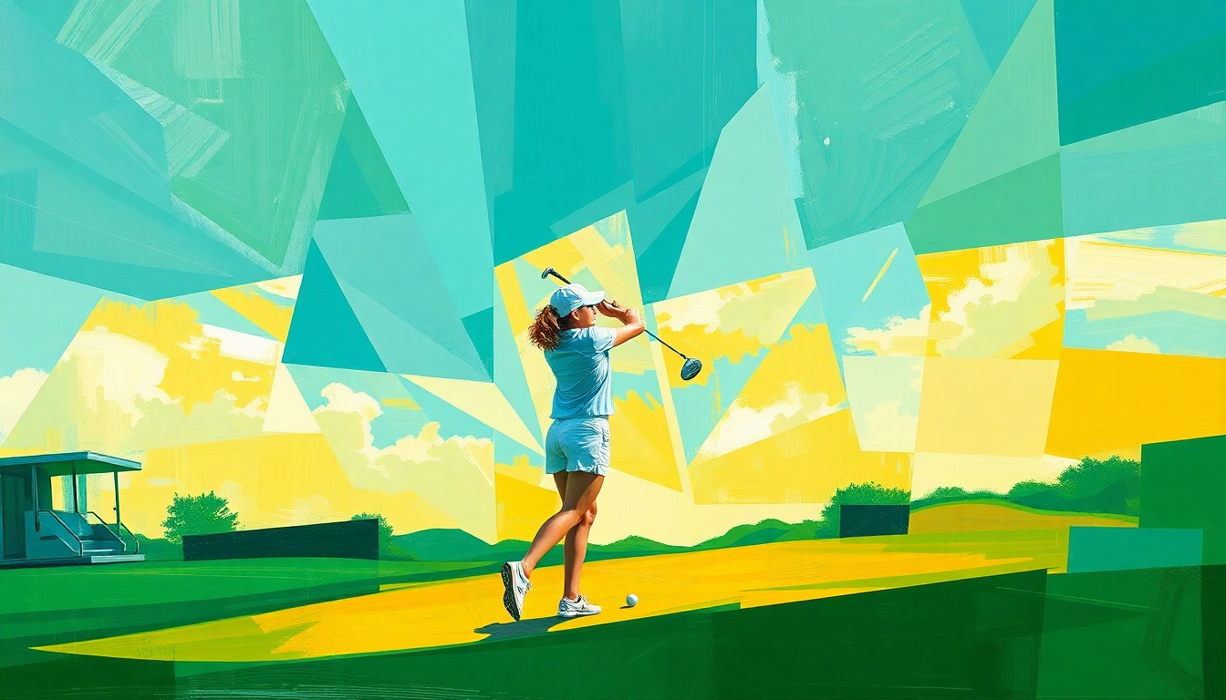 A fractured, geometric painting in vibrant greens, blues, and yellows, depicting the dynamic action and competition of a girls golf match or tournament.