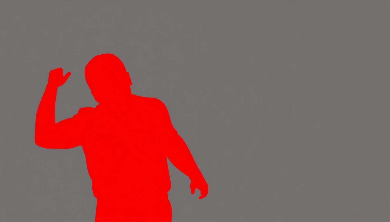 An abstract, minimalist illustration featuring a dramatic black silhouette of a person in an expressive pose, set against a bold red background, conceptually representing the story of a disabled actor gaining national recognition.