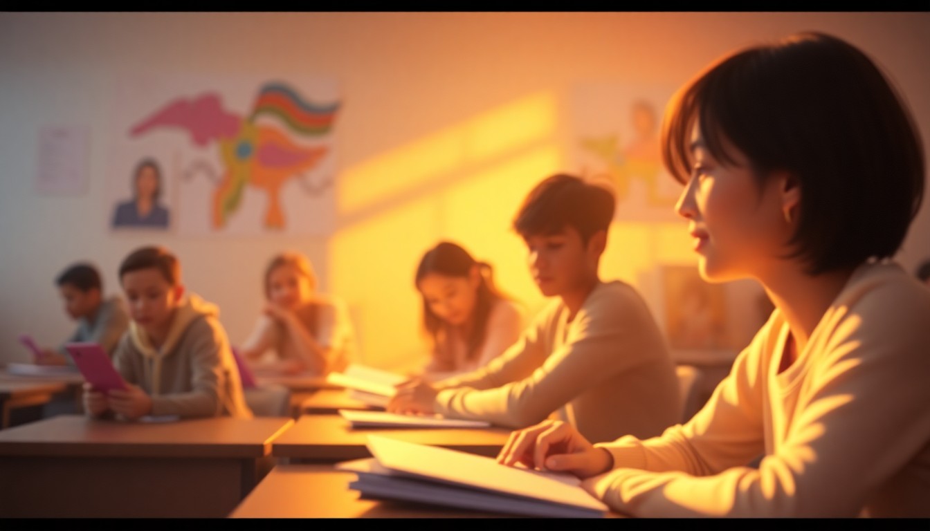 An abstract, impressionistic scene of students in a classroom, with blurred figures and vibrant, warm colors creating a sense of intimacy and care.