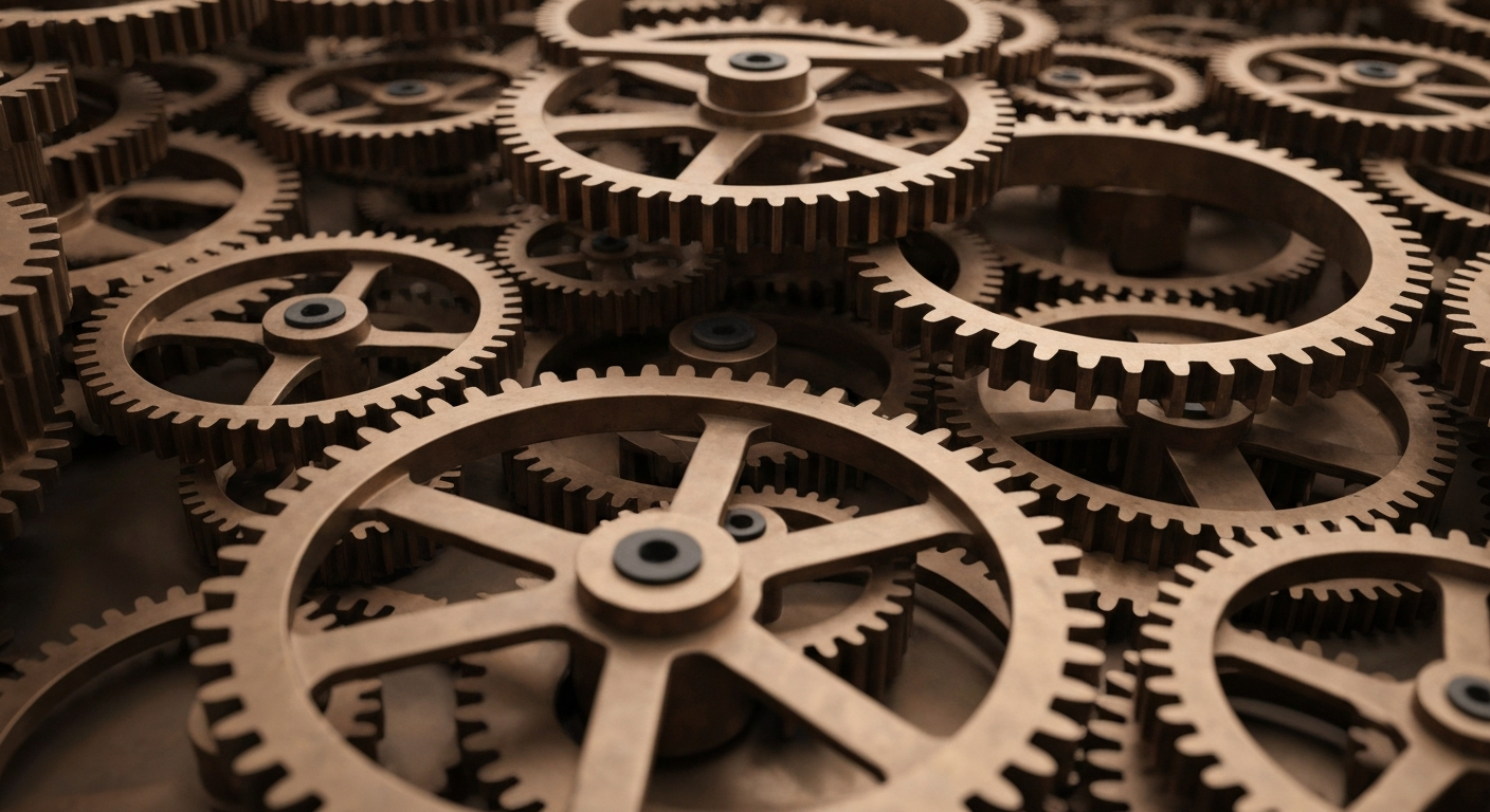 An extreme close-up of a heavy, industrial gear mechanism in motion, conveying the complex financial infrastructure powering the transfer of generational wealth.