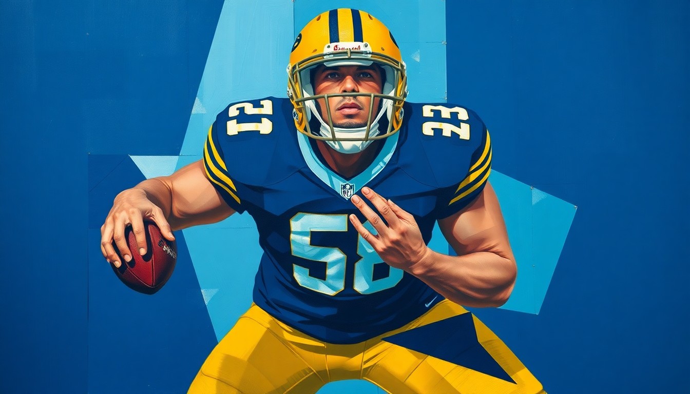 A fragmented, cubist-style painting depicting an offensive lineman in pass protection, with sharp geometric planes in navy blue, powder blue, and gold representing the complex evaluation of this prospect's NFL potential.