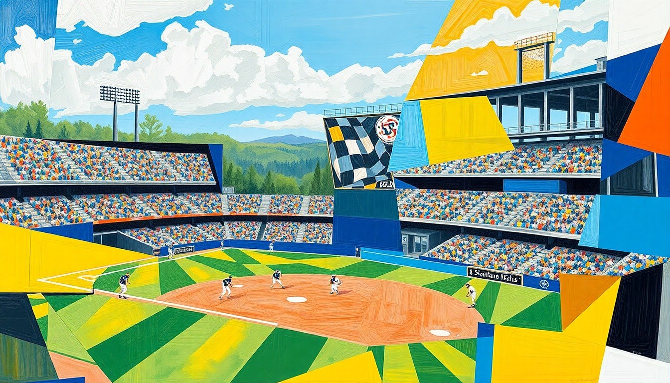 A fragmented, geometric painting in bold blues, golds, and reds, depicting the action and energy of a high school baseball game through Picasso-esque overlapping shapes and planes.