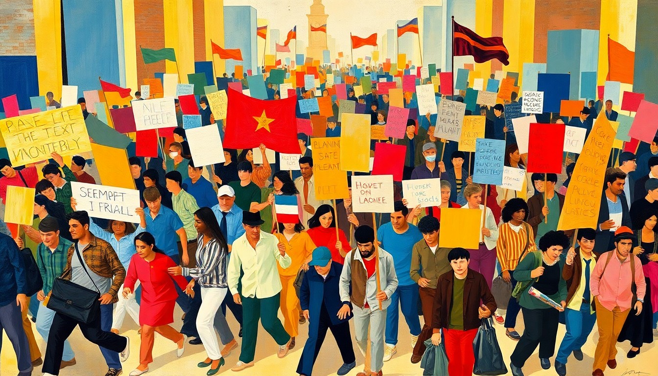 An abstract, fragmented painting depicting a crowd of protesters marching, their figures repeated in overlapping, geometric waves of vibrant colors, conveying the energy and momentum of the growing 'No Kings Day' movement in Iowa.