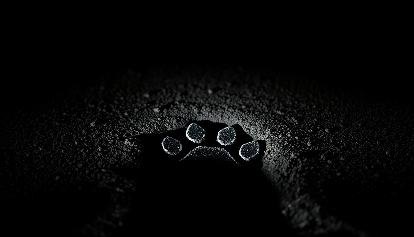 An extreme close-up photograph of a police K-9 dog's paw print in the dirt, lit by a harsh, direct camera flash against a pitch-black background, conceptually representing the investigative work of a specialized police canine unit.