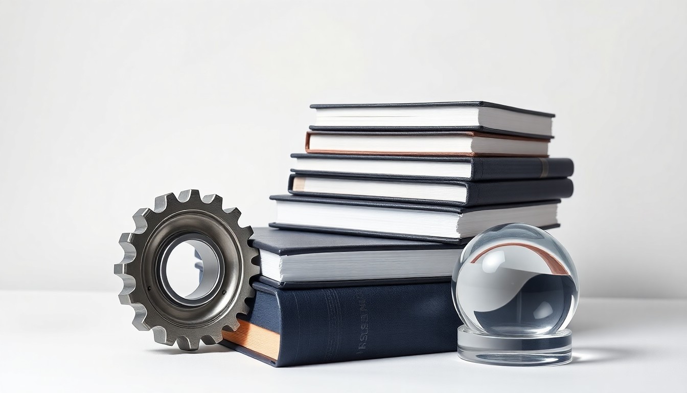 A minimalist studio still life featuring a metal gear, stacked business books, and a glass paperweight, symbolizing the industrial, educational, and administrative foundations of North Dakota's top companies.