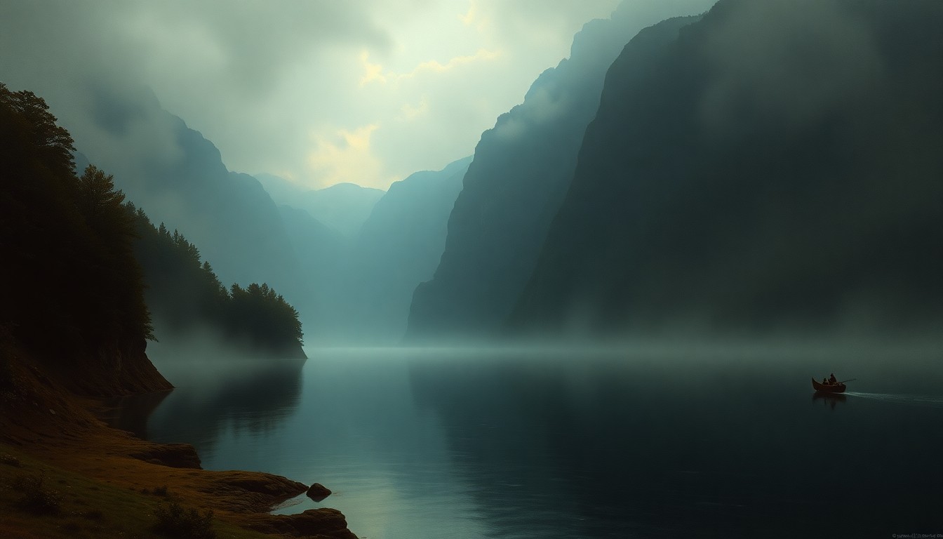 A sweeping, atmospheric landscape painting in muted tones of green, blue, and grey, depicting the misty, serene banks of a river with a small boat or canoe in the distance, conveying the overwhelming scale and sublime beauty of the natural environment.